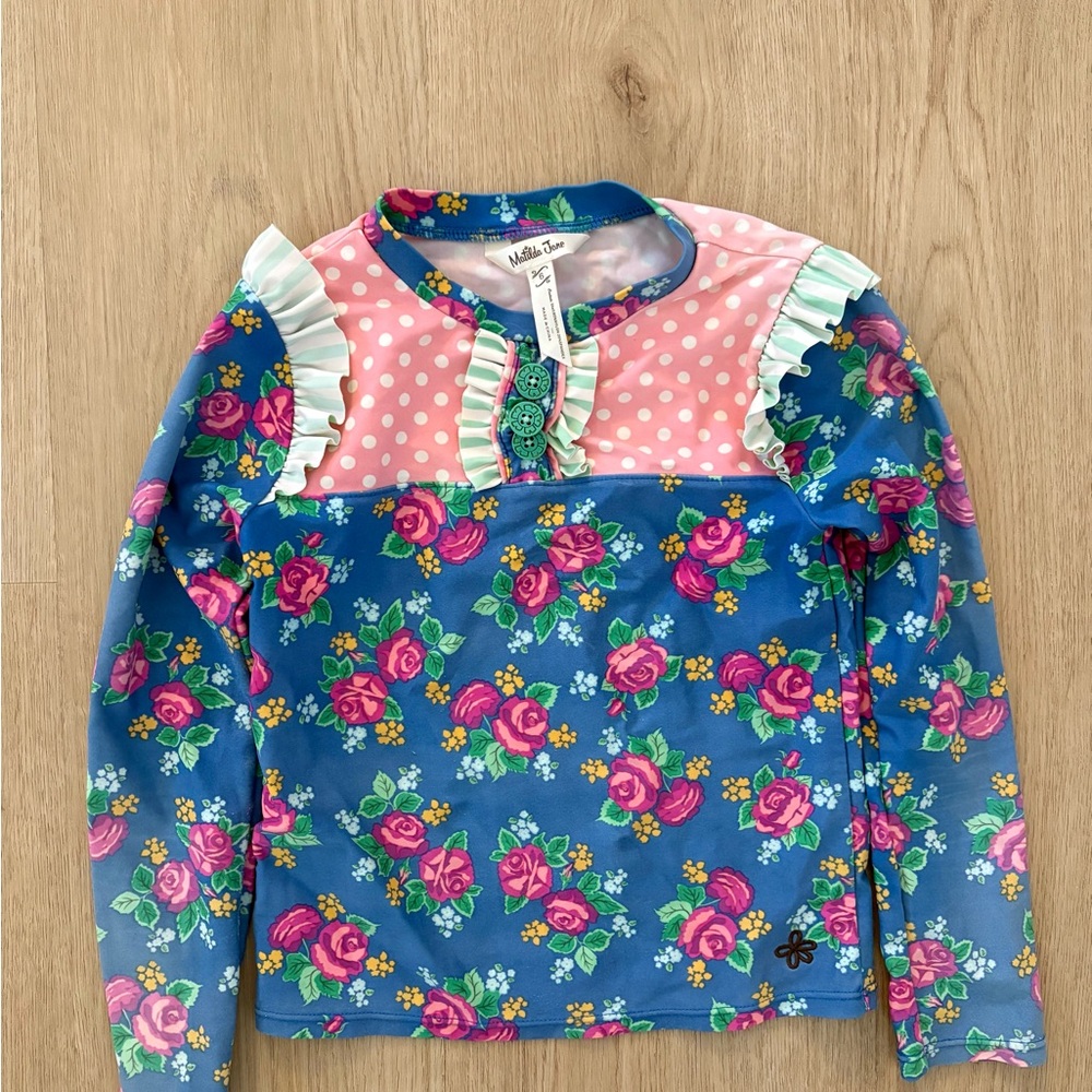 Matilda Jane Blue Floral Pink Polka Dot Ruffle Swim Top